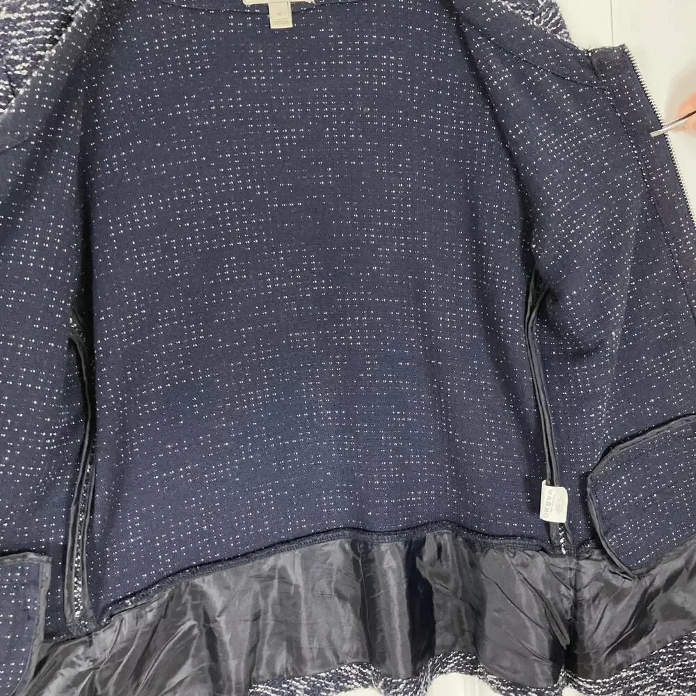 J. CREW Blazer Jacket XS Boucle Tweed Navy Ivory Peplum Zip Pocket Long-Sleeve